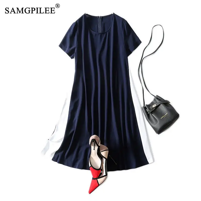 

Summer Women Clothing 2022 New Korean Style Fashion Casual A-line Patchwork Short Sleeve Knee-length Empire O-neck Woman Dresses