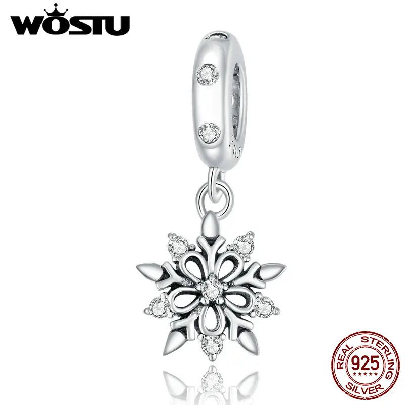 

WOSTU 925 Sterling Silver Crystal Snowflake Charms Zircon Pendant Bead Fit Original Bracelet Necklace For Women Jewelry CQC1649