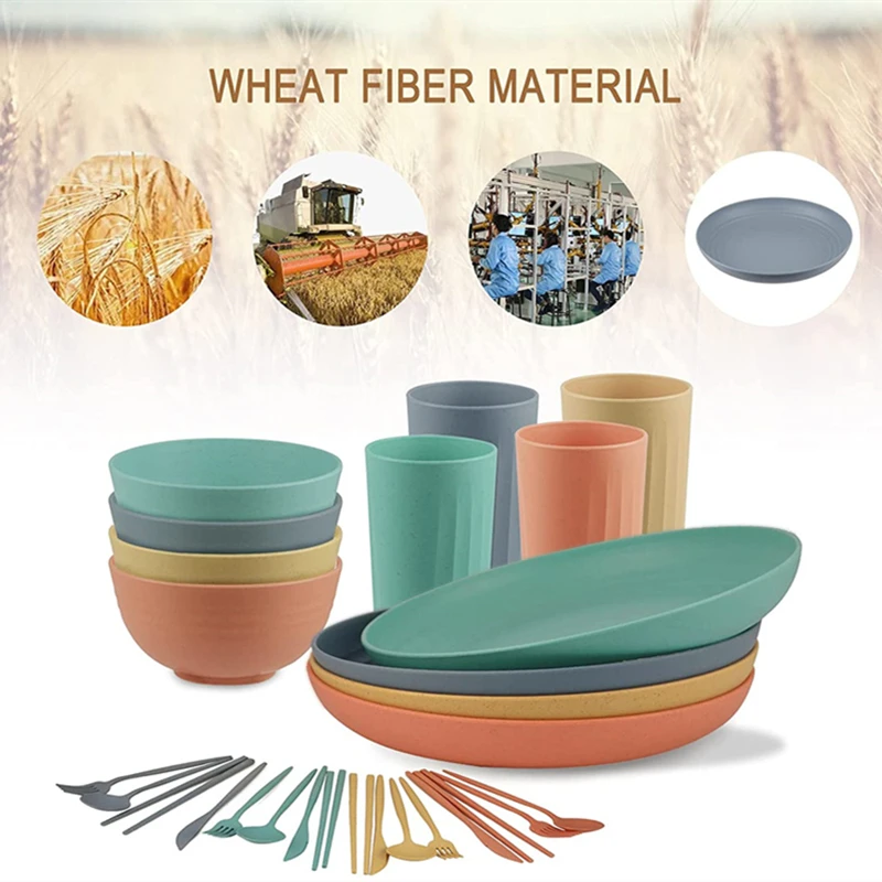 32pcs/Set Wheat Straw Fiber Picnic Tableware Bowls Cups Plates Cutlery Fork Spoon Chopsticks Set Camping Cutlery Set for Travel