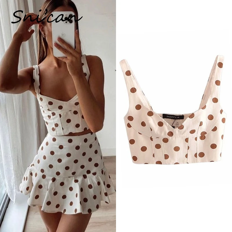 Polka Dots kamizelka Camis lato kobiety Sexy Spagetti pasek krótkie topy Za 2021 Vintage damska bluzka koszule Blusas Feminina znosić