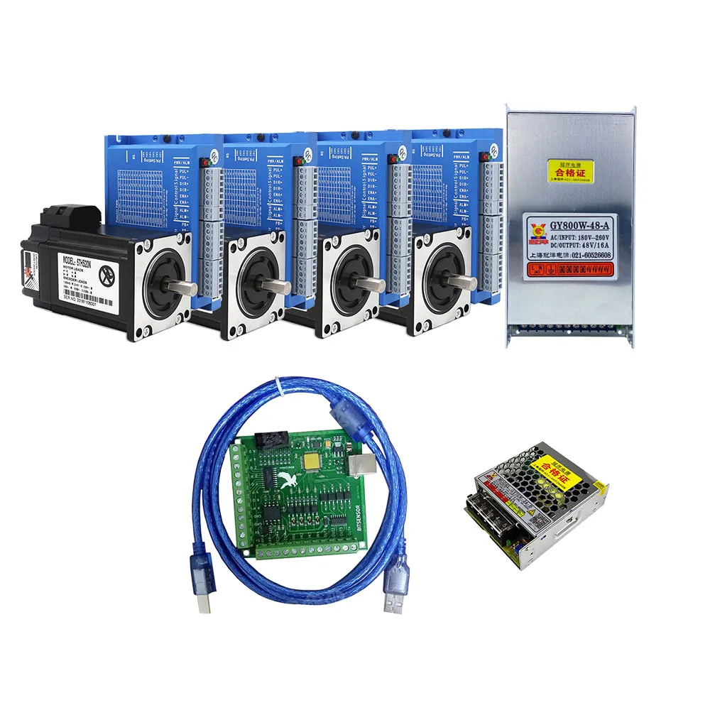 Mach3 CNC Package Processing 3 axis 4 axis 2.2N.m closed loop stepper motor kit hybrid servo motor Nema23 800W48V power supply