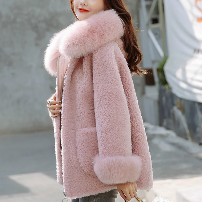 Winter Lamb Fur Autumn Coats Women Real Sheep Shearing Jakcets Women Natural Fox Fur Wool Overcoat Clothes 2021 LWL1388