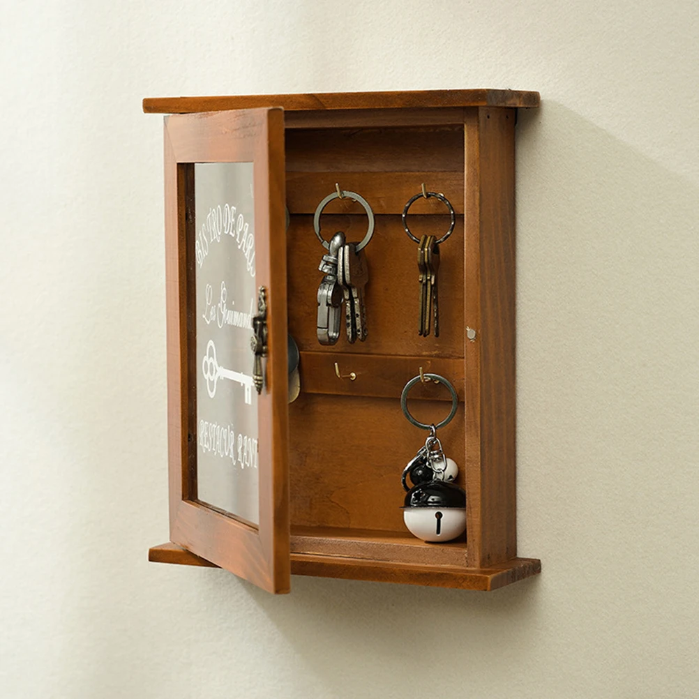 

Key Organizer Wooden Key Cabinet Wall Box Beautiful Durable Retro Glass Door Key Storage Box