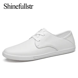 Spring Autumn Men Lace-Up Fashion Leather Casual Shoes Flats Flat Shoes White Black Solid Hot Sale Dropshipping