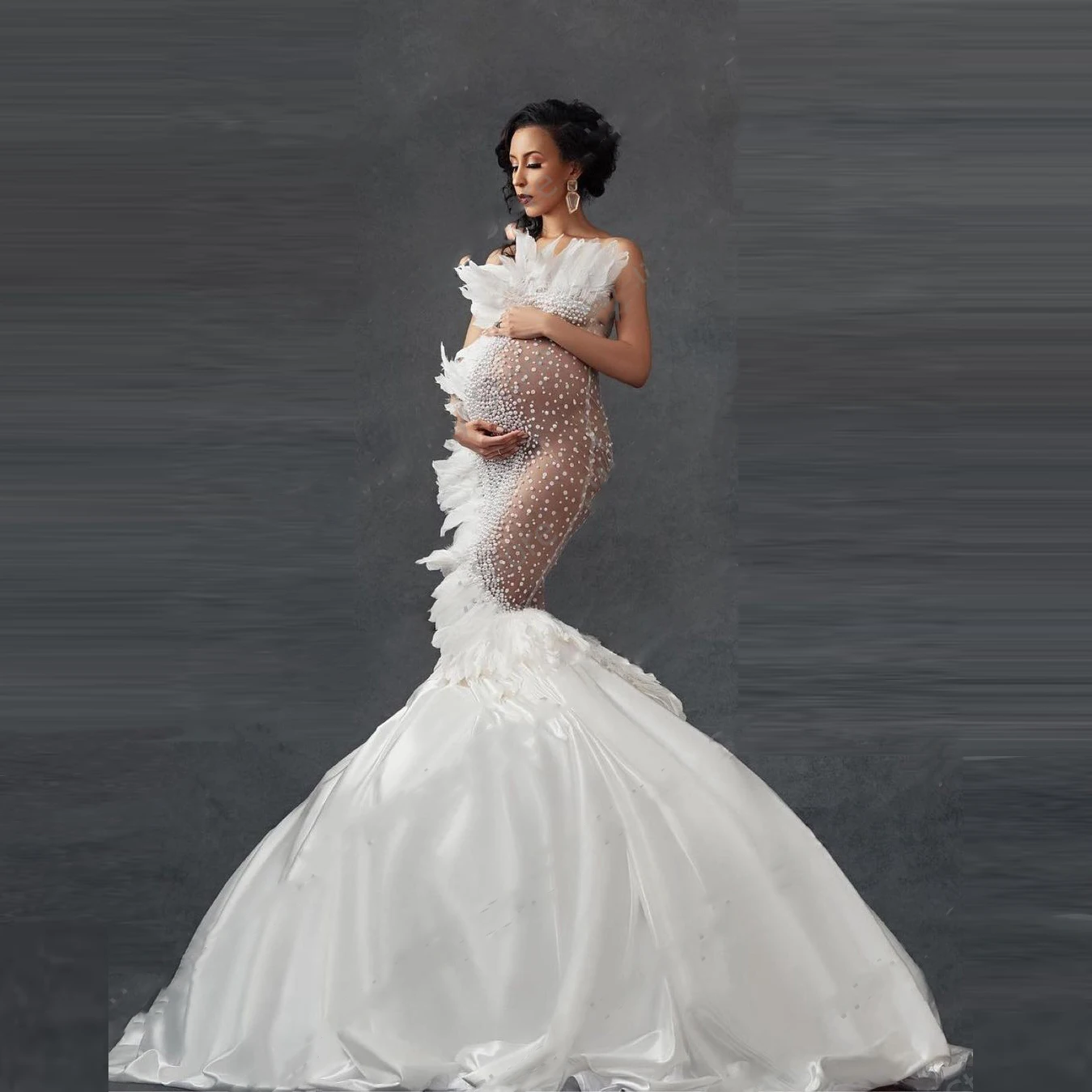 Elegant Feathers Mermaid Pregnant Women Dress With Pearls Off Shoulder Maternity Dresses Backless Custom Made