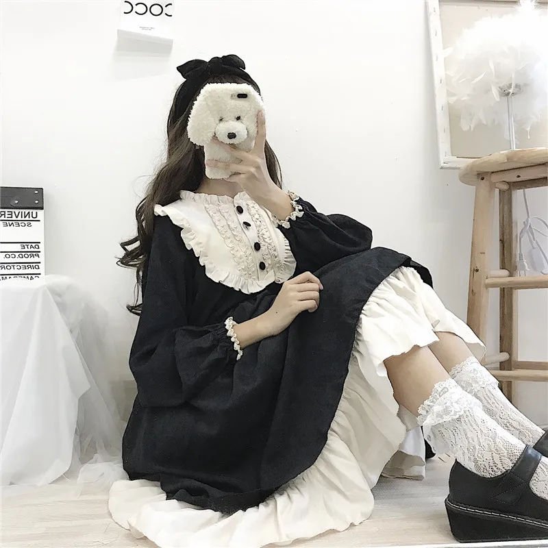 2020 Japanese Lolita Style Autumn Winter Women Dress Ruffled Collar Black Gothic Dress Cute Kawaii Ruffles Cosplay Dress With