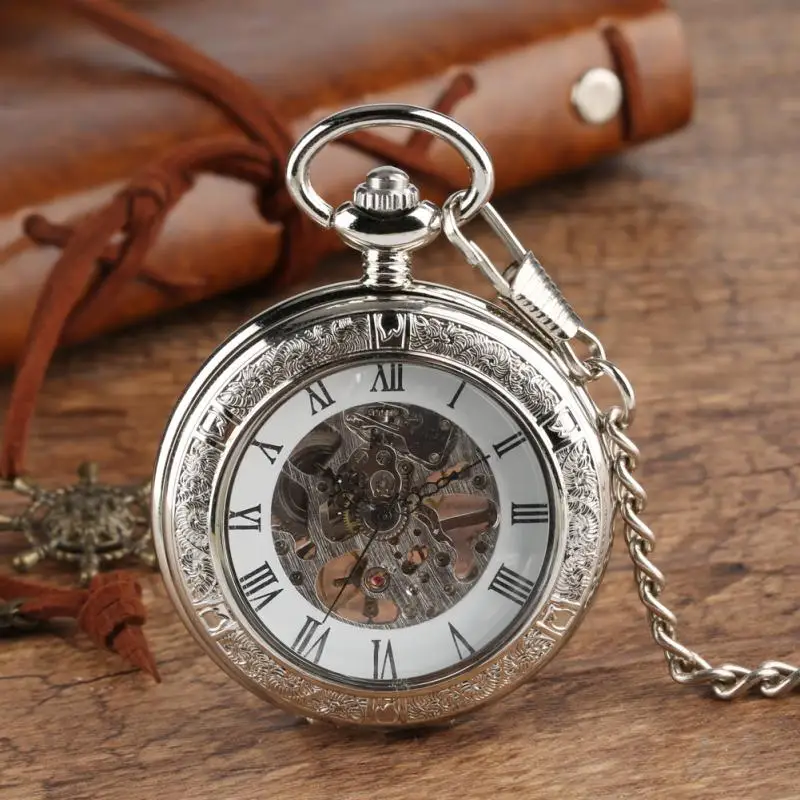 Luxury Silver Roman Numerals Display Skeleton Clock Men Women Hand Winding Mechanical  Pocket Watch Pendant Chain Half Hunter