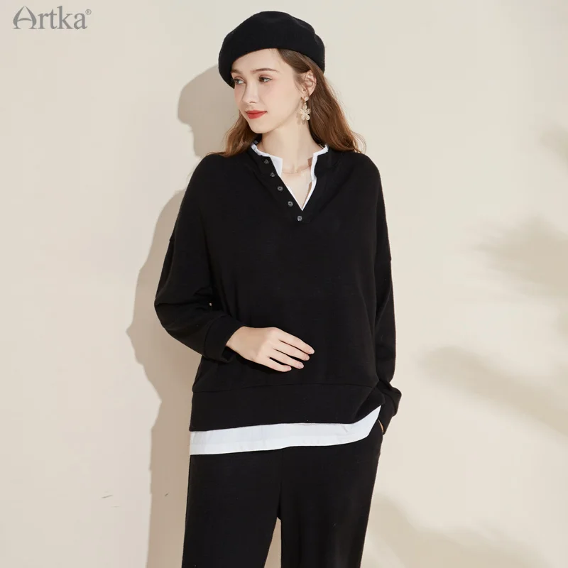 ARTKA 2021 Autumn New Women Suits Fashion Casual Fake Two Piece Black Sweatshirt High Waist Long Sweatpants 2 Piece Set ZA20011Q