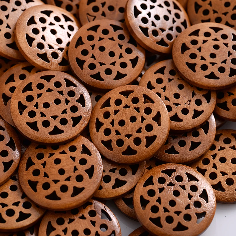 25mm 30Pcs Round Shape Brown Wooden Buttons 2 Holes Hollow Flower Pattern Buttons Scrapbooking Garment DIY Apparel Accessories