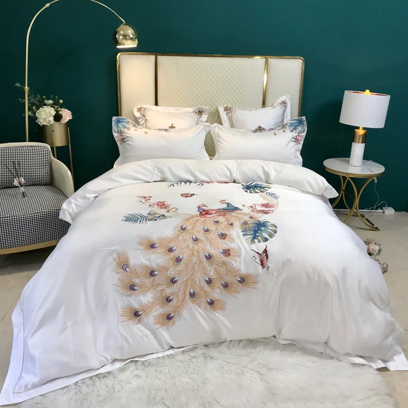 

Luxurious Chinese Embroidered Peacock Four Piece Set Cotton Bed Sheet Ice Silk Quilt Cover Chinese Style High-grade Bedding