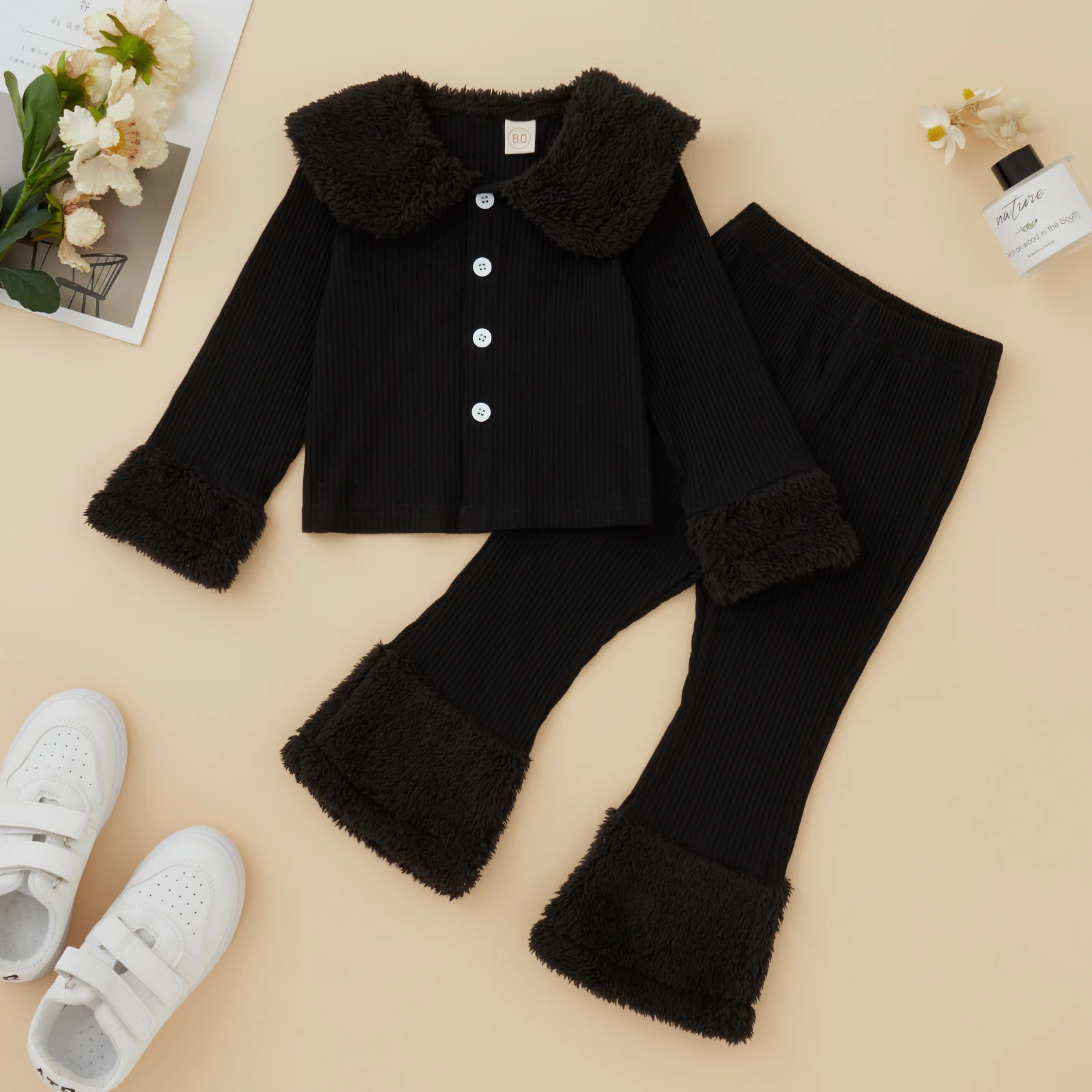 Toddler Baby Girls Knitted Tracksuits Casual Autumn Winter Lapel Button Long Sleeved Jacket + Pants Children Plush Outwear Set