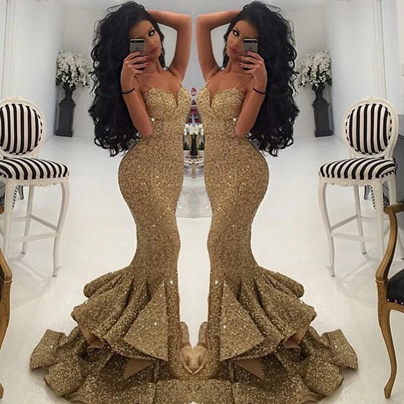 

Dazzling Sweetheart with Slim Straps Champagne Sequins Mermaid Prom Ruffle Skirt Sexy Women Pageant Gown Mother of Bride Dresses