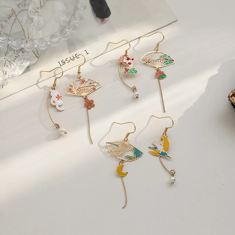 Chinese Style Folding Fan Crane Carp Lotus Asymmetrical Long Tassel Dangle National Style Earrings for Women Jewelry Gift