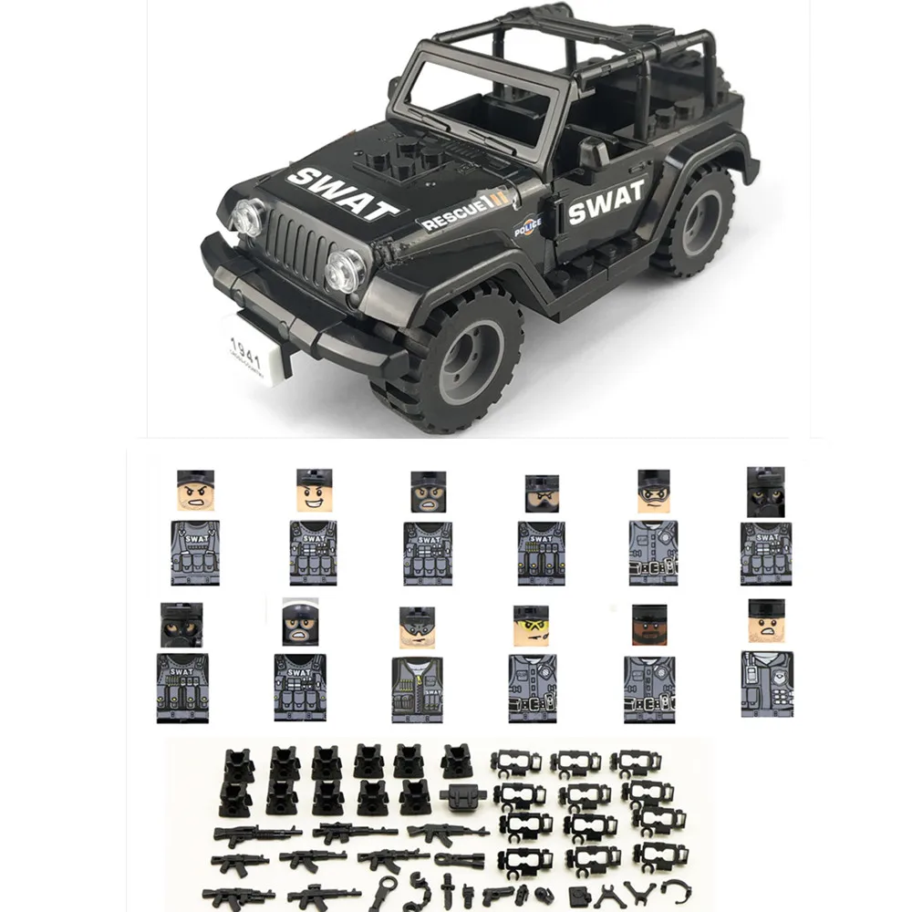 Black Car 12pcs Soldier SWAT Military Army Team Special Forces Building Blocks Bricks Figures Learning Toys for Boys Gift Set