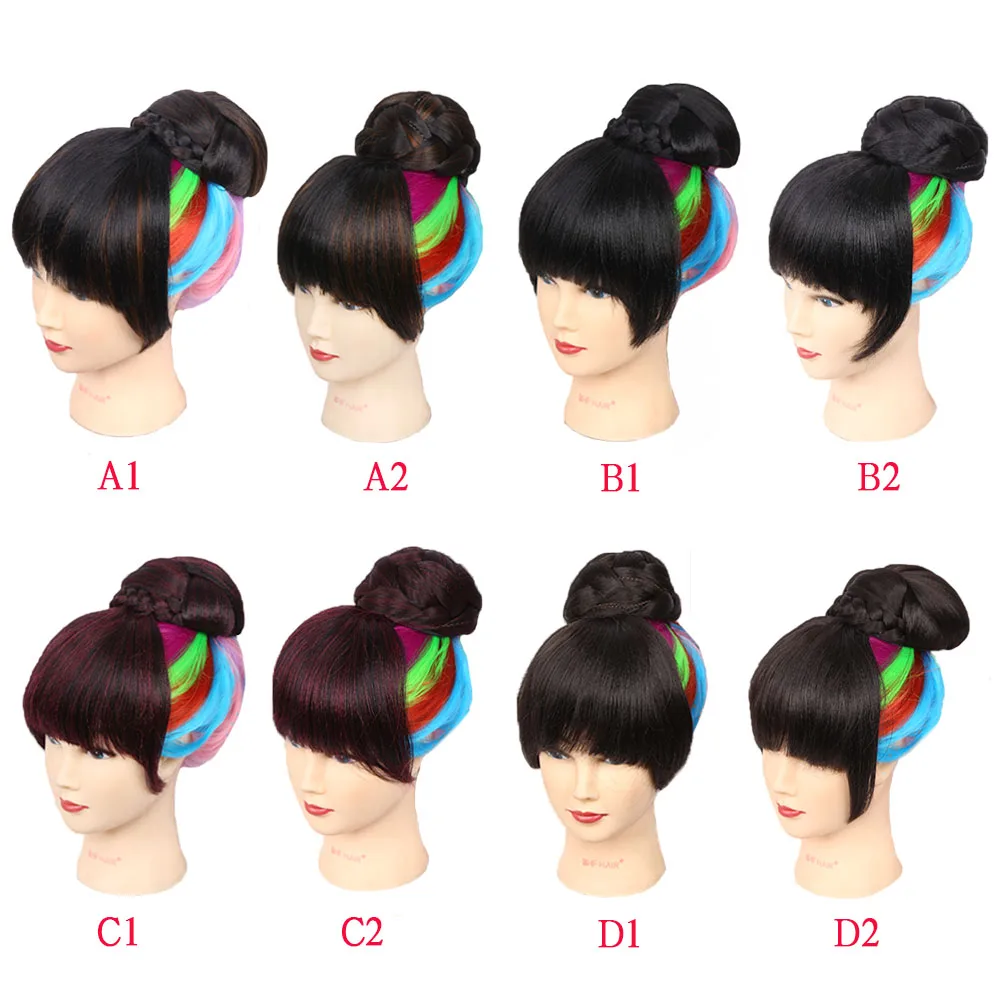 Amir Synthetic Hair Buns with bangs Clip-in Chignons Heat Resistant Fiber Black Burgundy colors Hair Piece Ponytail For Women