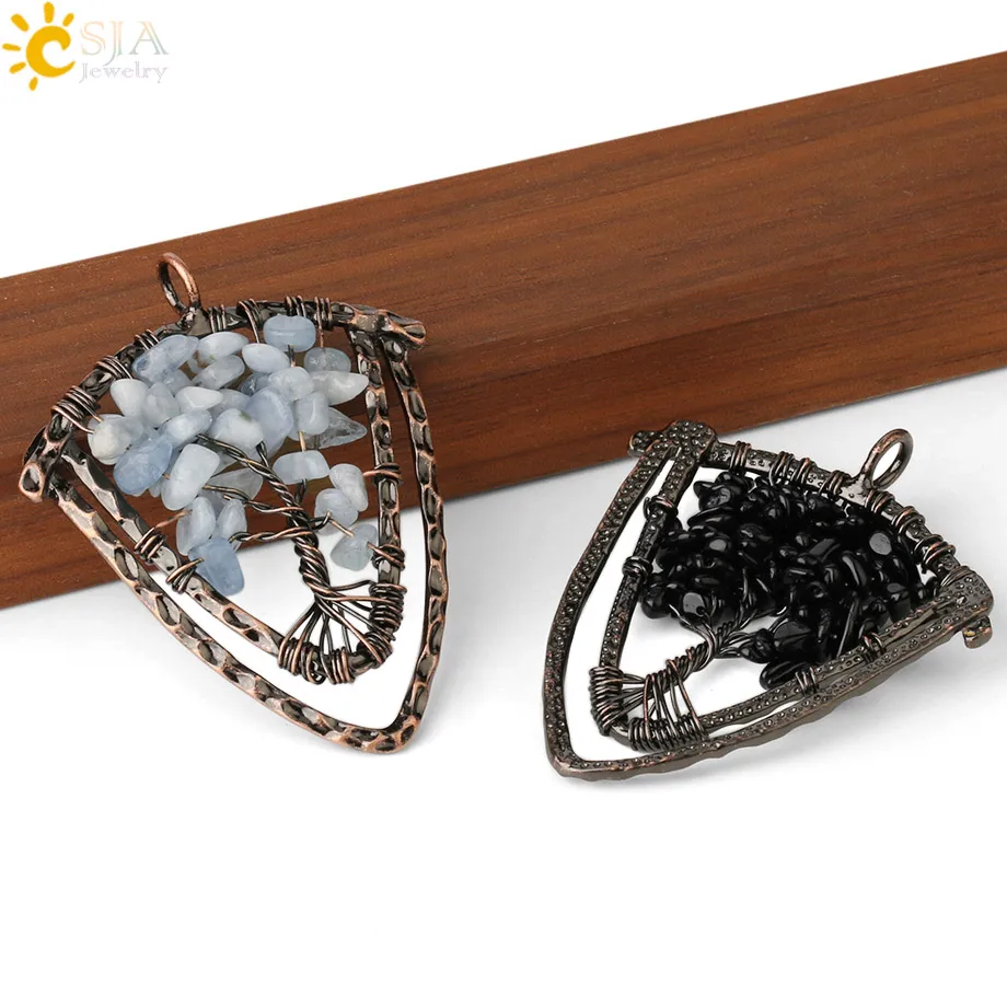 CSJA Handmade Natural Stone Pendants Necklaces for Men Tree of Life Wire Wrap Chip Beads Vintage 7 Chakra Crystal Jewelry G329