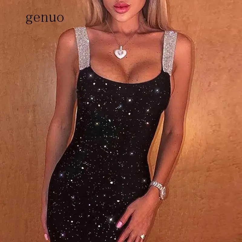 Festa Sequin Black Summer Short Dress Women Sleeveless Lurex Sexy Club Mini Bodycon Dress Elegant Bandage Party Dress