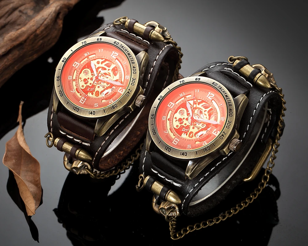 Reloj mecánico automático para Hombre, cronógrafo de cuerda automática, estilo Steampunk, Vintage, color marrón