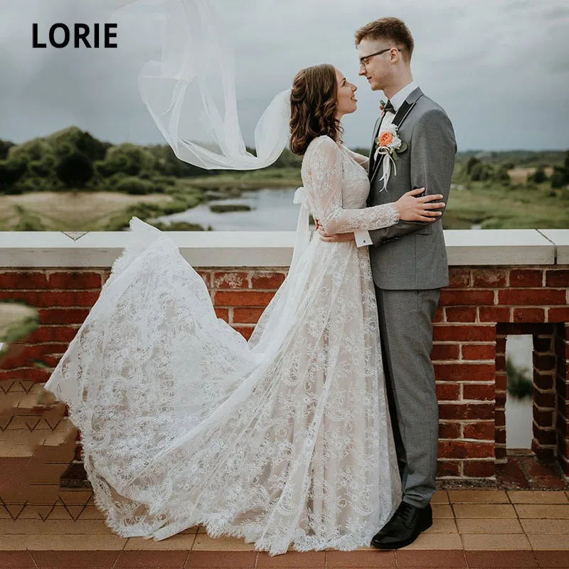 

LORIE Bohemian Wedding Dresses V-Neck Lace Romantic Wedding Gown Corset Custom Made Beach Bridal Dress 2021 abito da sposa