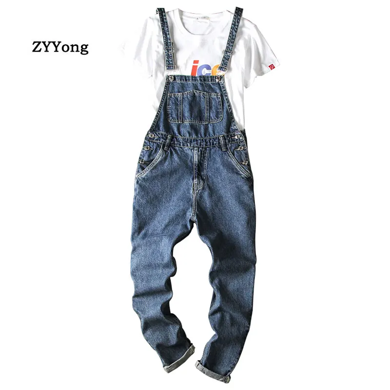 2021 Overalls Men Denim Jumpsuit Pants Full Length Casual Big Pocket Slim Bib Fashion Hip Hop Blue Trousers