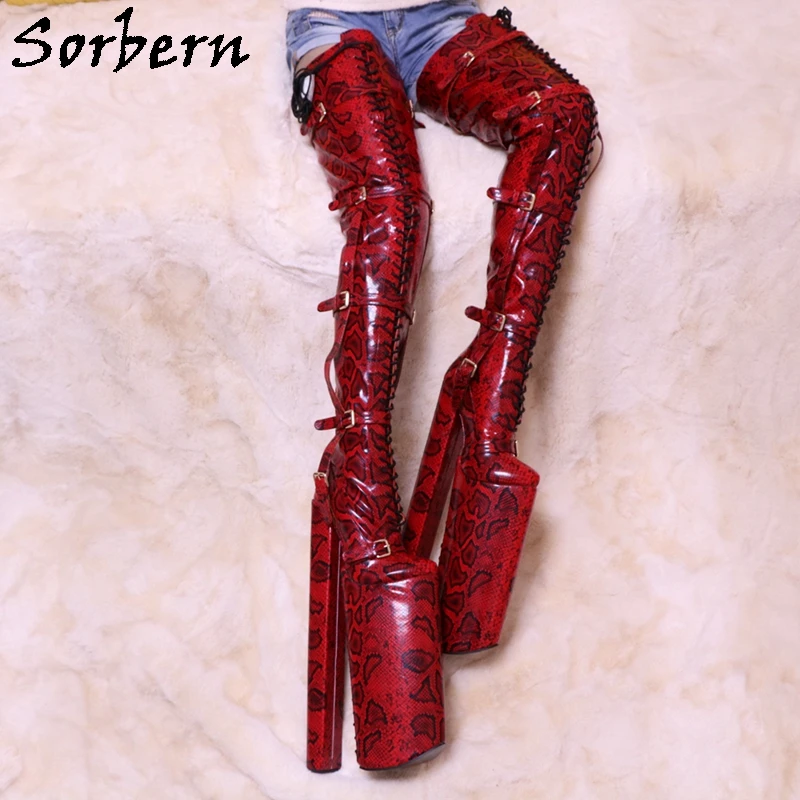 Sorbern 40cm Red Snake Crotch Thigh High Boots Women Buckle Straps Flock Winter Boots Super Long Block Chunky High Heels Custom