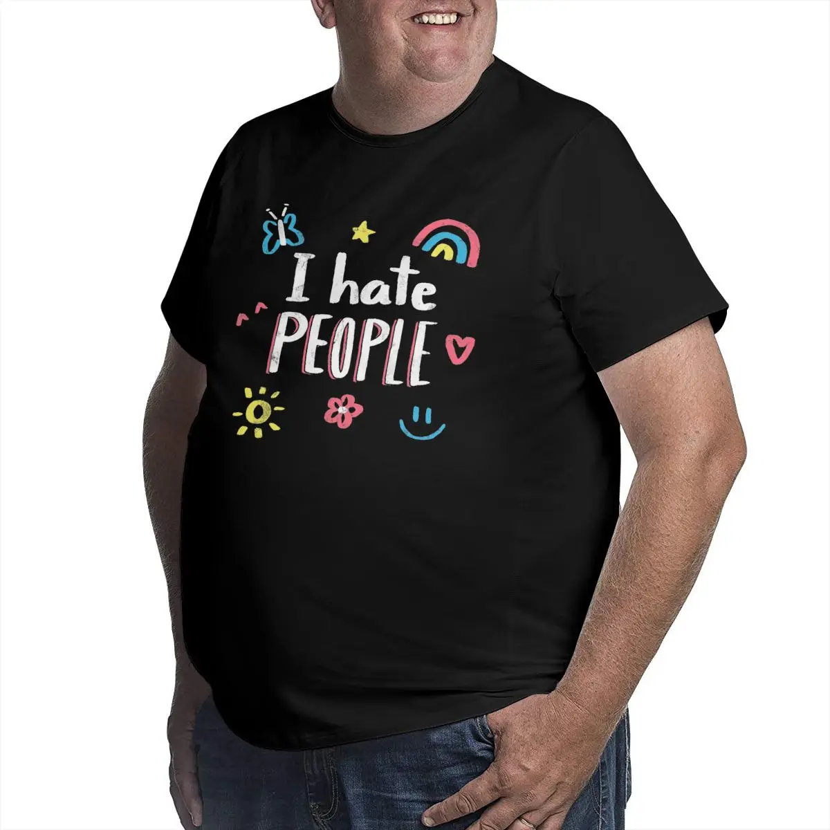 Men\'s T-Shirt I Hate People Big Tall Tee Shirt Smile Rainbow Flower Butterfly T Shirt Round Neck Tops Plus Size 4XL 5XL 6XL