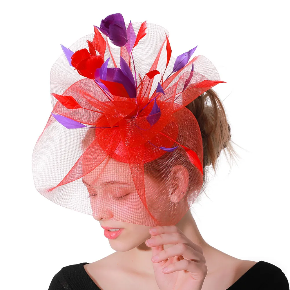 Women Fashion Red Hair Fascinators Hats Accessory For Elegant Ladies Wedding Headwear Party Tea Royal Fancy Feathers Millinery