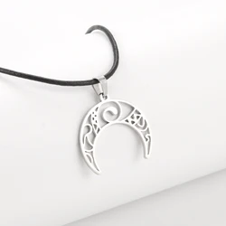 Unift Crescent Moon Necklace Stainless Steel Pendant Choker Black Leather Chain Wicca Amulet Punk Rune Occult Jewelry for Women