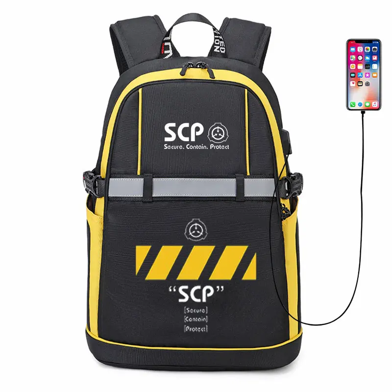 

New SCP Special Containt Procedures Backpack Cosplay Anime USB BagsMan Women Oxford Reflective Stripe Schoolbag Travel Bags