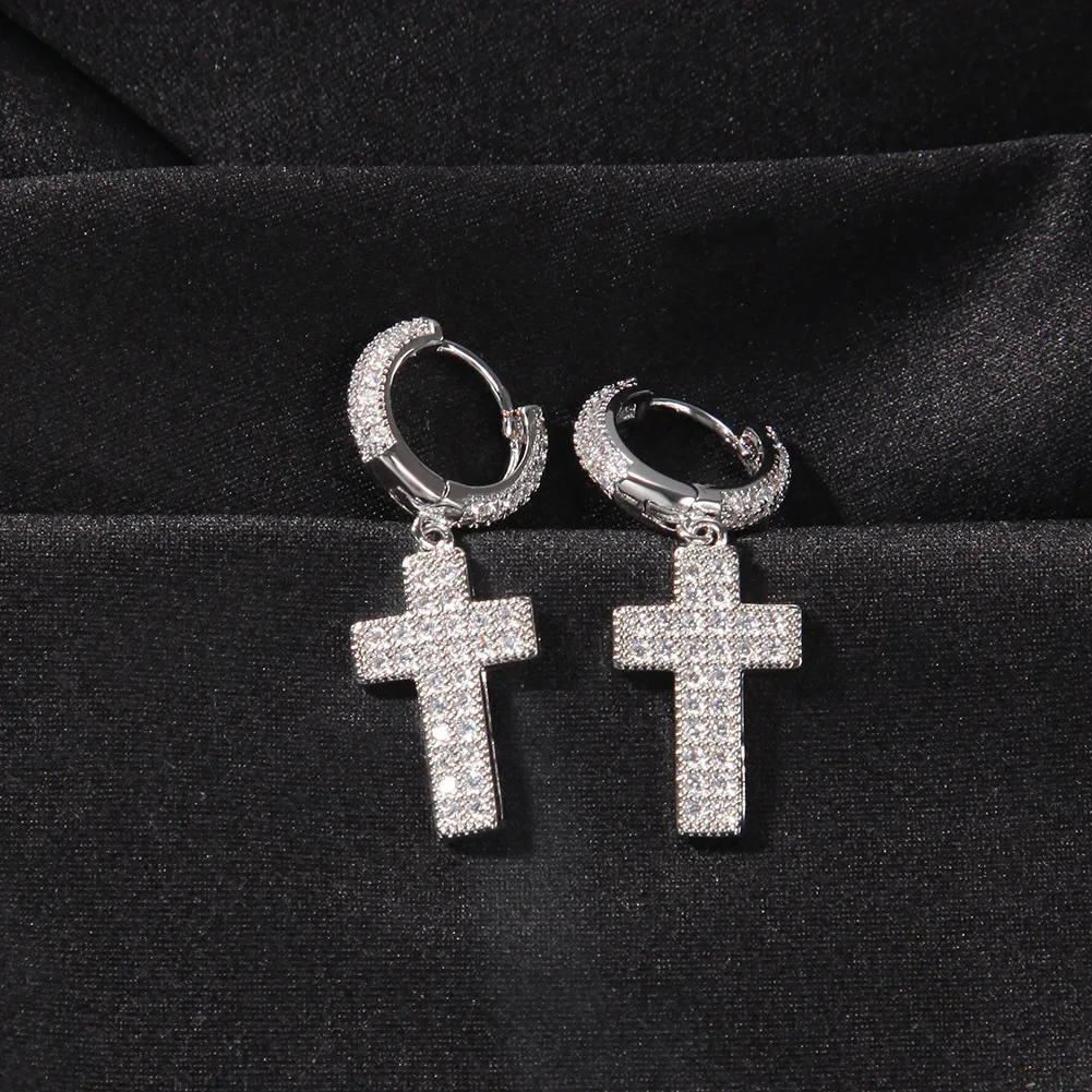 Cross 2 Size Bling Bling Iced Out Cubic Zircon Mirco Pave Prong Setting Brass Earrings Fashion Hip Hop Jewelry BE017