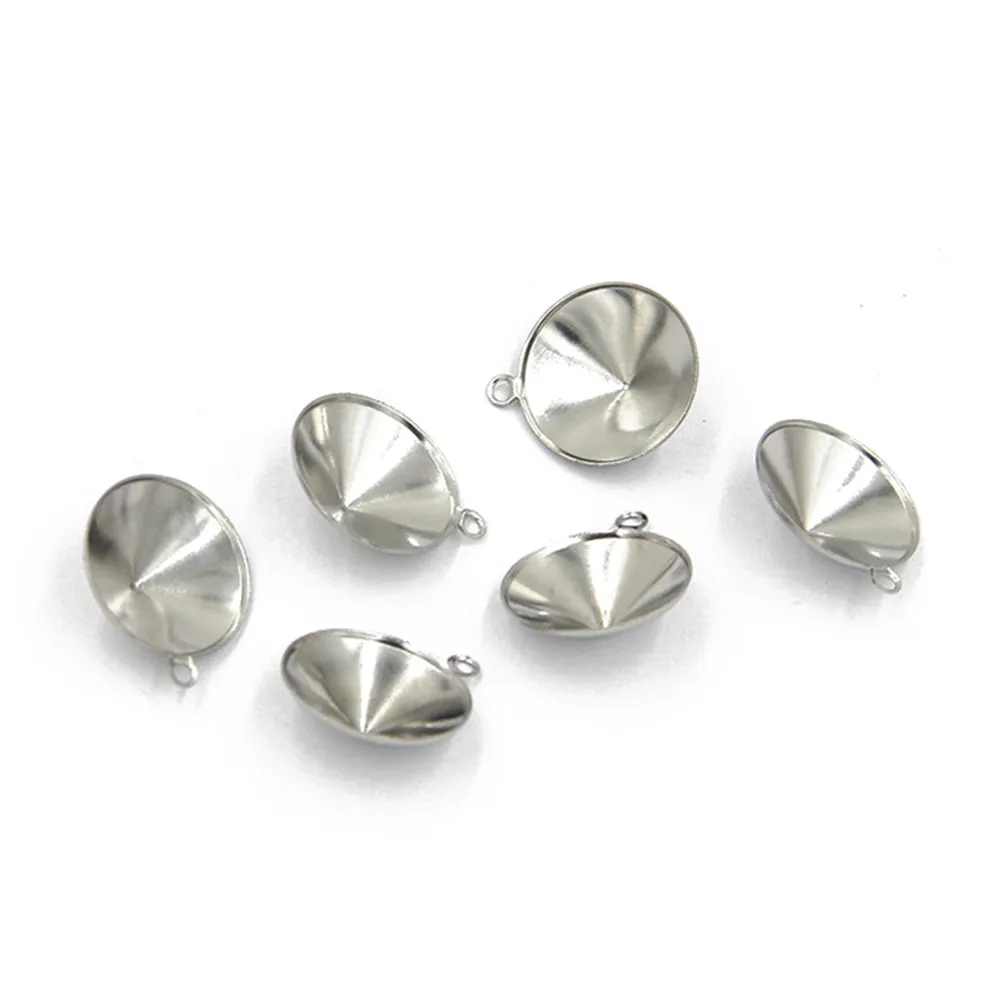 20PCS/lot   6 8 10 12mmCone Stainless Steel Pendant Crystal Cabochon Setting Bezel With Jump Rings Jewelry Making Component Base