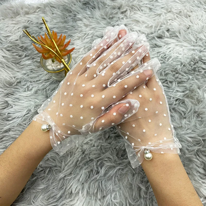 Women Summer Sunscreen Anti-UV Lace Driving Mittens Female Thin Transparent Mesh Flocking Polka Dot Wedding Dress Gloves L84