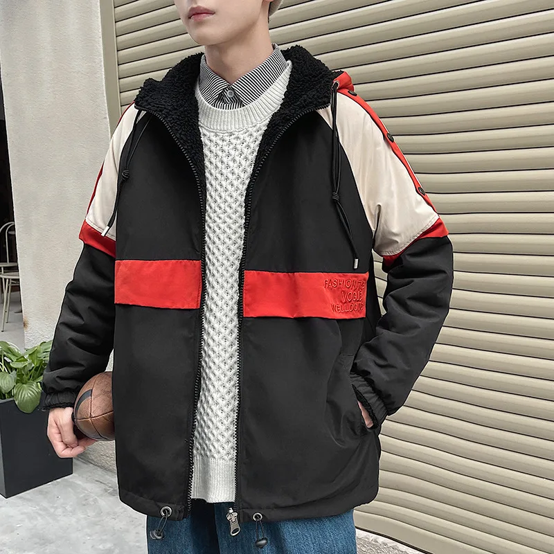 

Autumn Winter Men Double Side Wear Lamb Wool Coat Couple Unisex Boyfriend Handsome Fashion Streetwear Patchwork Hooded Outwear