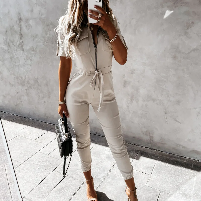 2022 Summer Fashion Romper Overalls Casual Pocket Zipper Cargo Pants Jumpsuit Women Elegant Tie-up Waist Short Sleeve Playsuits