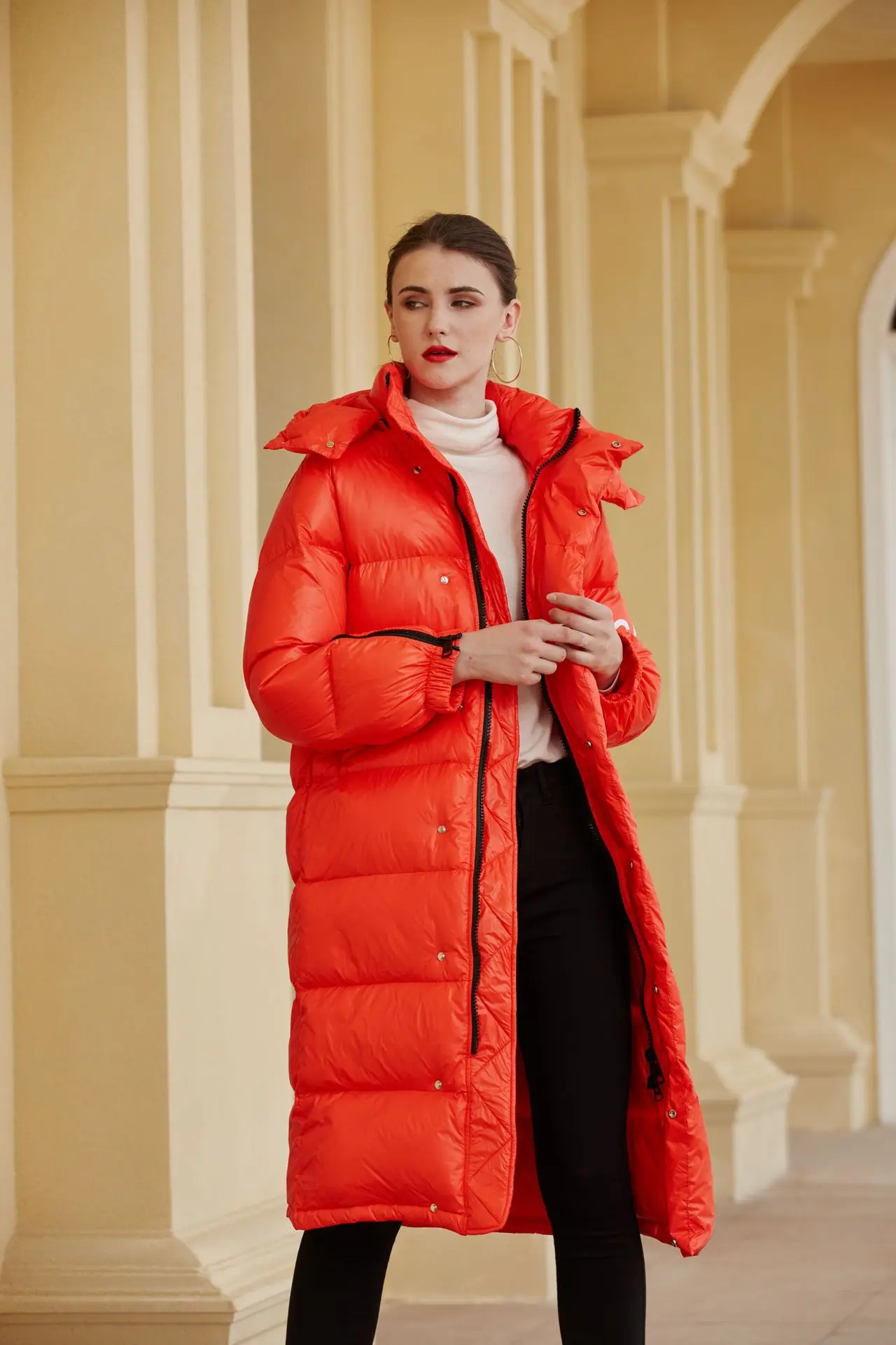 

2019 winter new fashion large zipper bread down jacket women's lengthened over knee white down jacket loose and casual