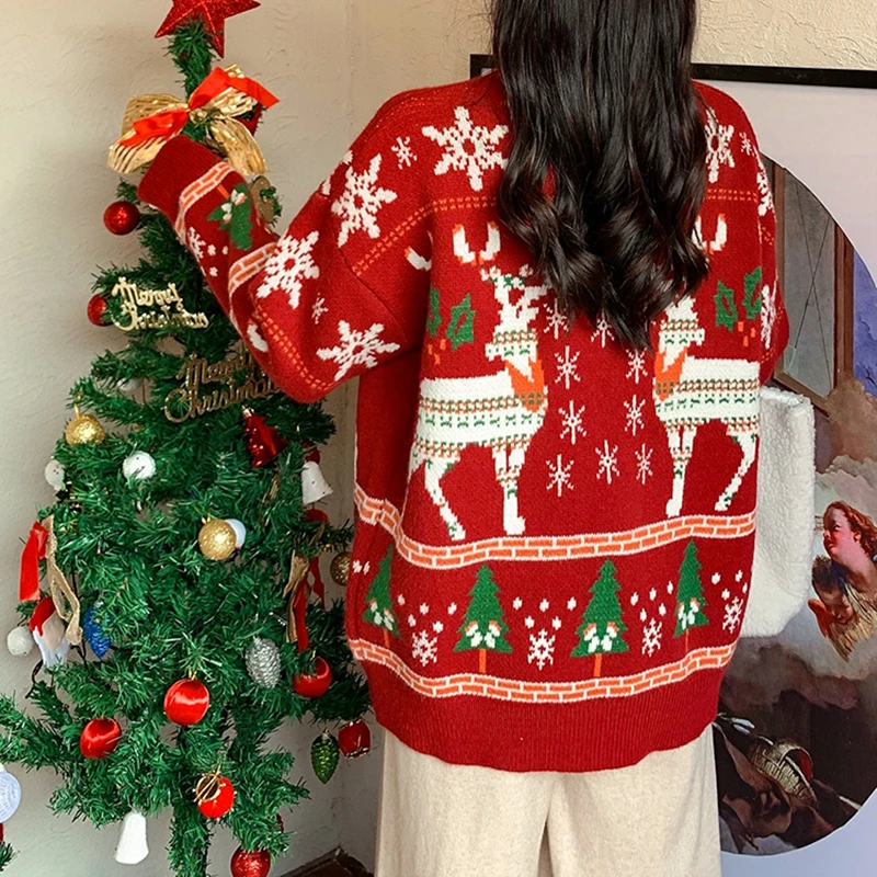 Christmas Mid-length Plus Oversized New Version Handmade Sweater 700g Women Christmas Deer Warm Knitted Long Sleeve Sweater Lazy