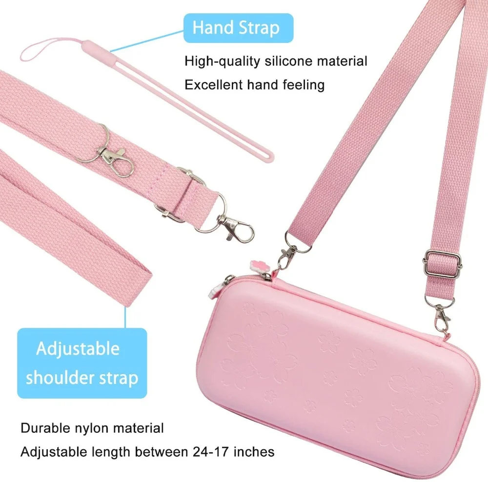 8 in 1 NS Switch LITE Console Accessories Kit Pink Sakura PU Carry Pouch Case With Screen Protector