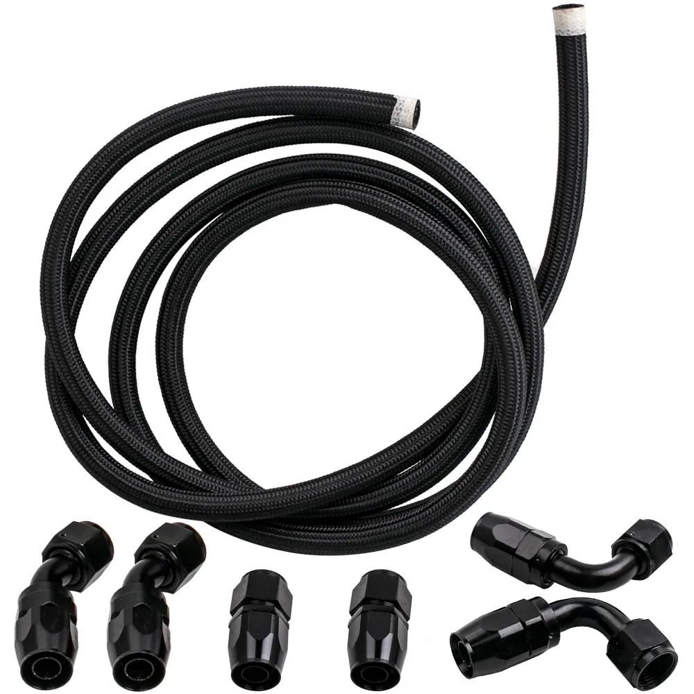 AN-10 Black Nylon Braided hose line 12ft with Swivel Hose End kit 6 pcs