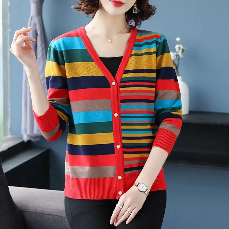 

Plus Size 4XL Long Sleeve Knit Cardigans Harajuku V-Neck Strip Rainbow Cardigan Jacket Women Retro Spring Autumn Knitwear Coat