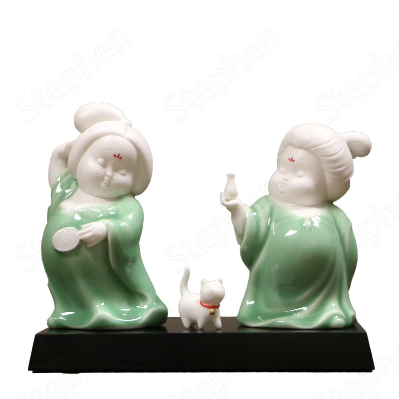 

Chinese Modern Celadon Figure Ornament Ceramic Lady of The Tang Dynasty Craft Statue Home Decoration Accessories for Living Room