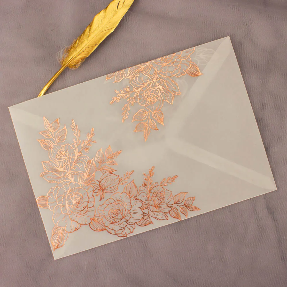 25X Silver Purple Red Blue Rose Gold Flower Foil Bronzing Transparent Envelopes Clear Litmus Paper For A7 Wedding Invitation