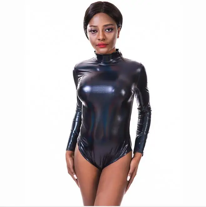 Bling Wet Look Patent Leather Bodysuit Long Sleeve Zipper High Waist Bodycon Jumpsuit Women Sexy Overalls Music Festival Stage