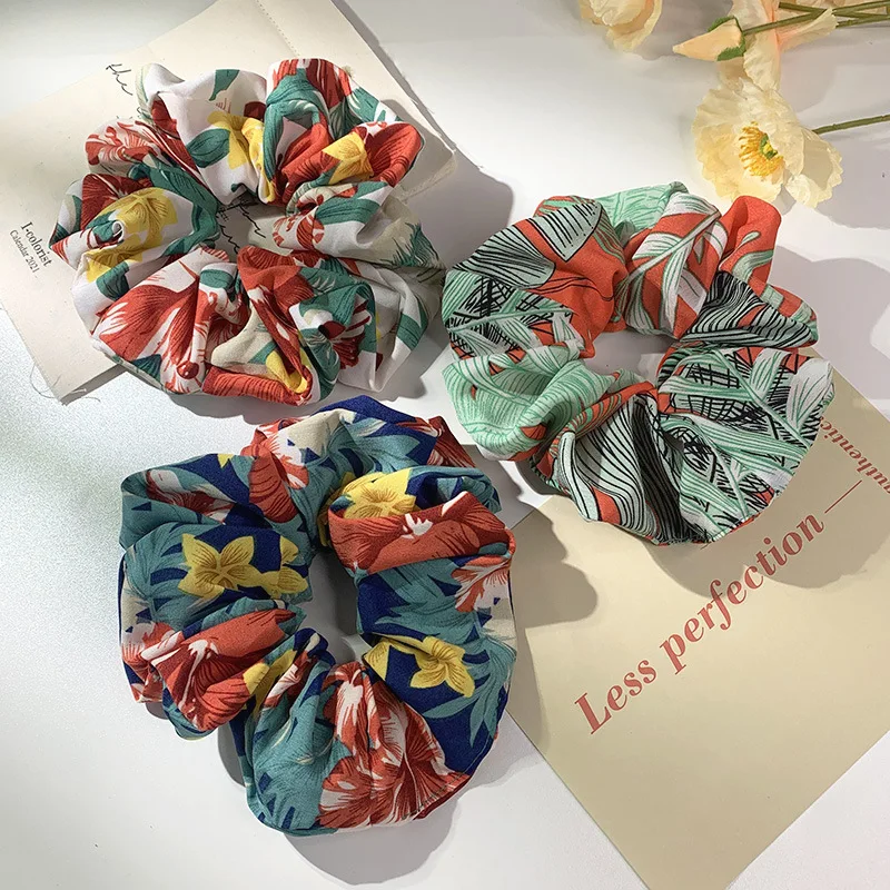 Spring Summer Big Leaf Flower Print Elastic Hair Rope Holiday Hair Band Ponytail Holder Vintage Hair Scrunchies Thick Hair Gum