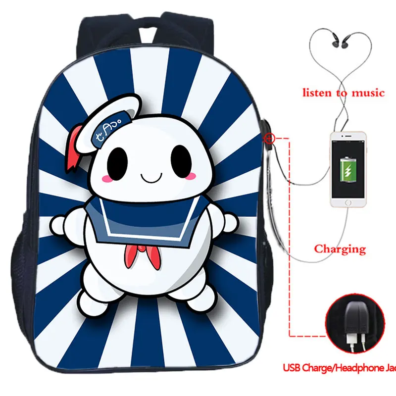 Kawaii Ghostbuster Backpack Students Bookbag Boys Girls Travel Shoulder Bag Beautiful Pattern Rucksack USB Charging School Bags