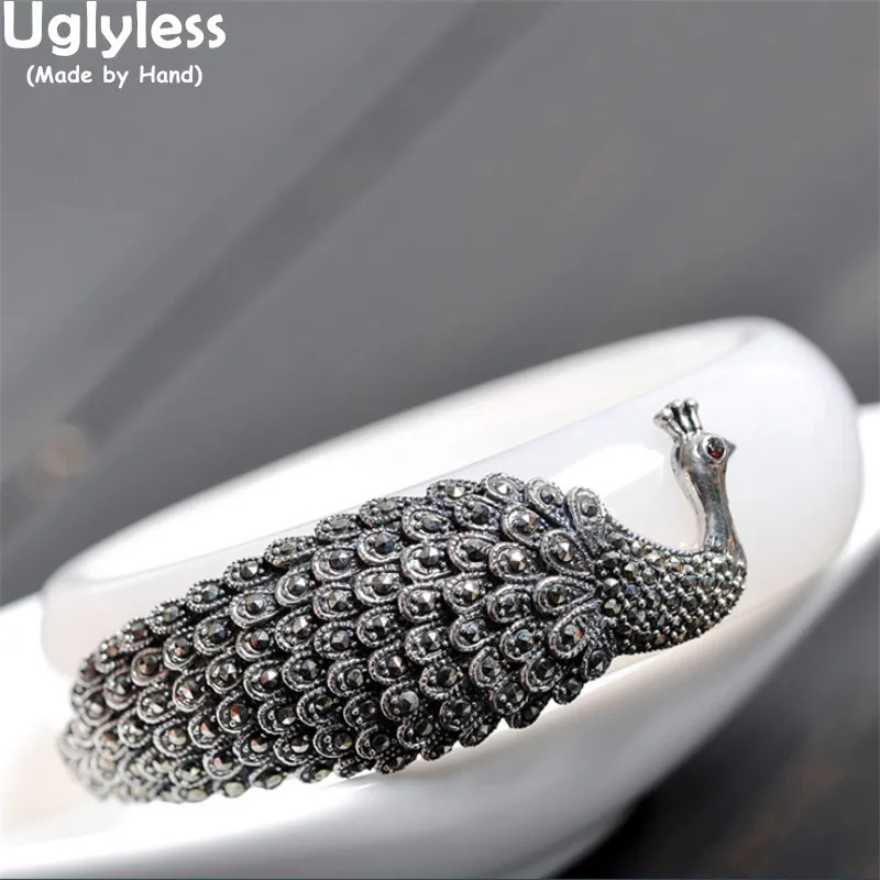 

Uglyless Marcasite Exaggerated Big Peacock Bangles for Women Elegant Chalcedony Bangles Enamel Dragonfly open Bangle 925 Silver