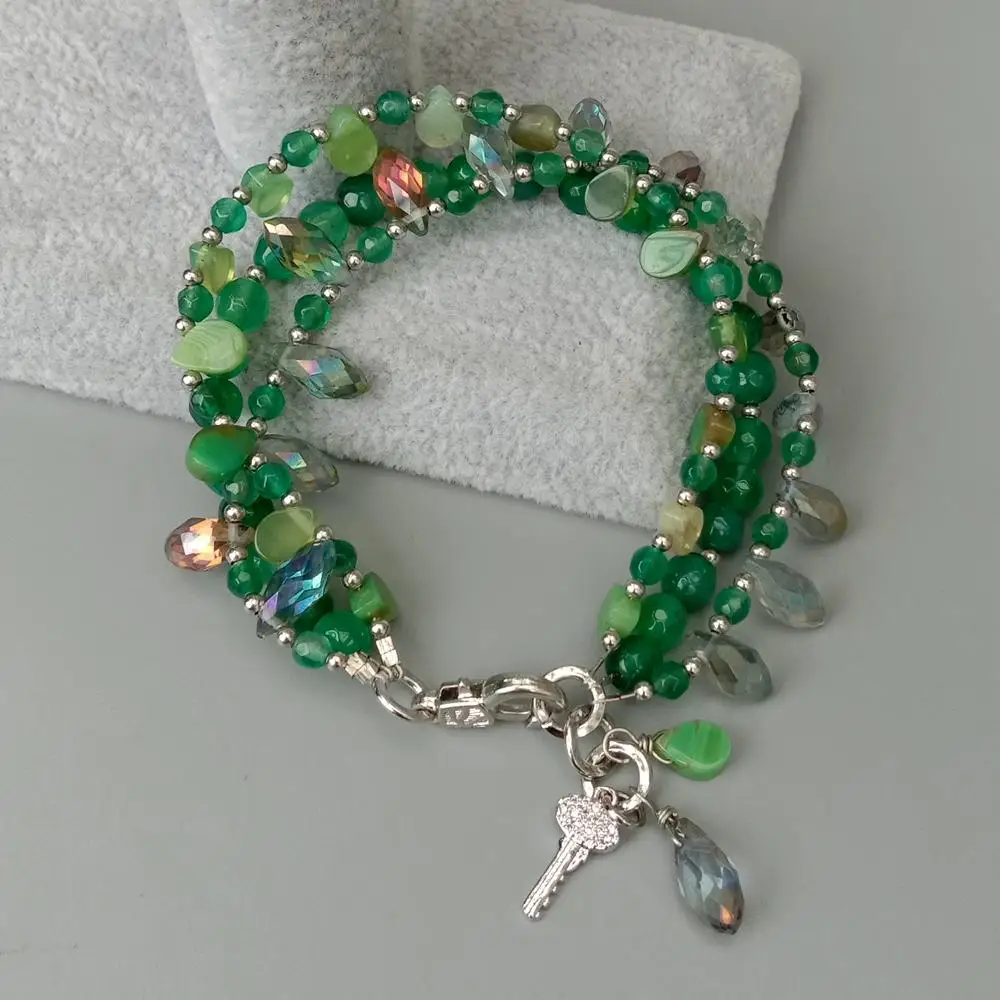 Y·YING 3 Rows Green Agate Crystal Beaded Cz Pave Key Charm Bracelet 8