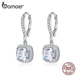 BAMOER Authentic 925 Sterling Silver Dazzling Cubic Zircon Square Geometric Drop Earrings for Women Wedding Jewelry SCE520