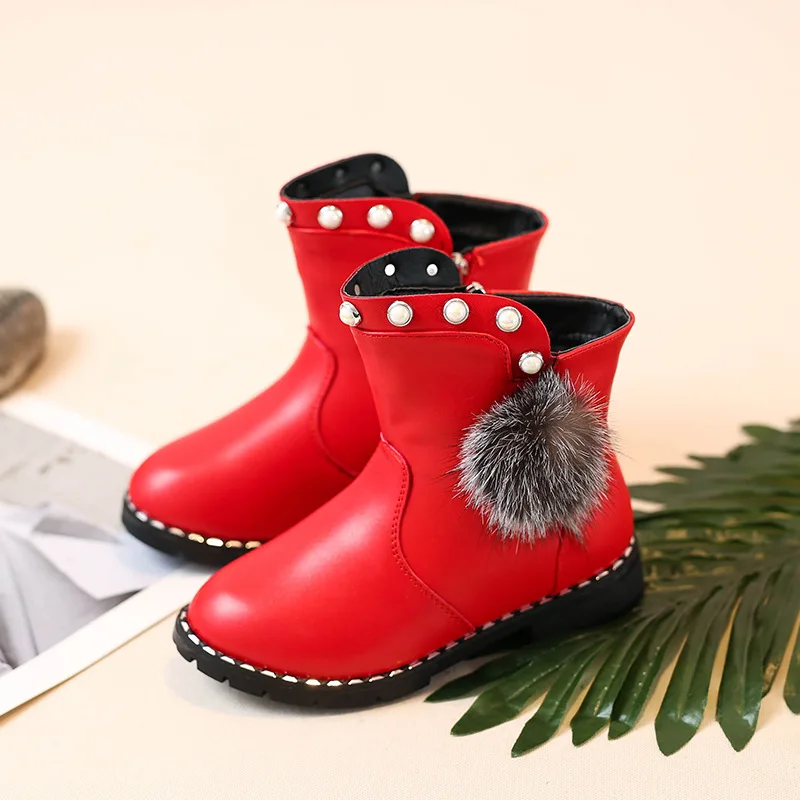 Girls Boots Kids Ankle Boots Warm Cotton Inside Children's Snow Boots For Medium Big Girls Sweet Princess Pearls With Furry Ball