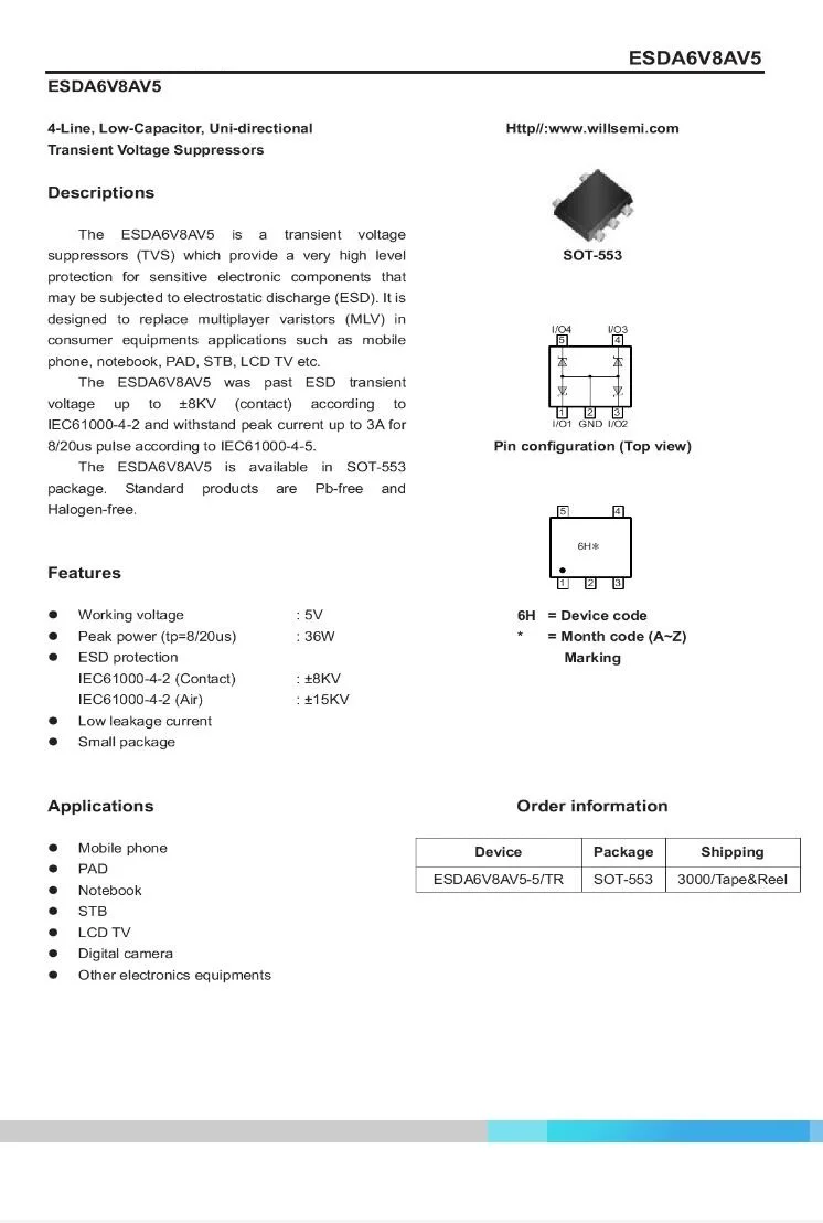 Free Shipping 100PCS ESDA6V8AV5 ESDA6V8V5-5/TR LESDA6V8AV5 LESDA6V8AV5T1G SOT-553 Low Capacitance Quad Array for ESD Protection