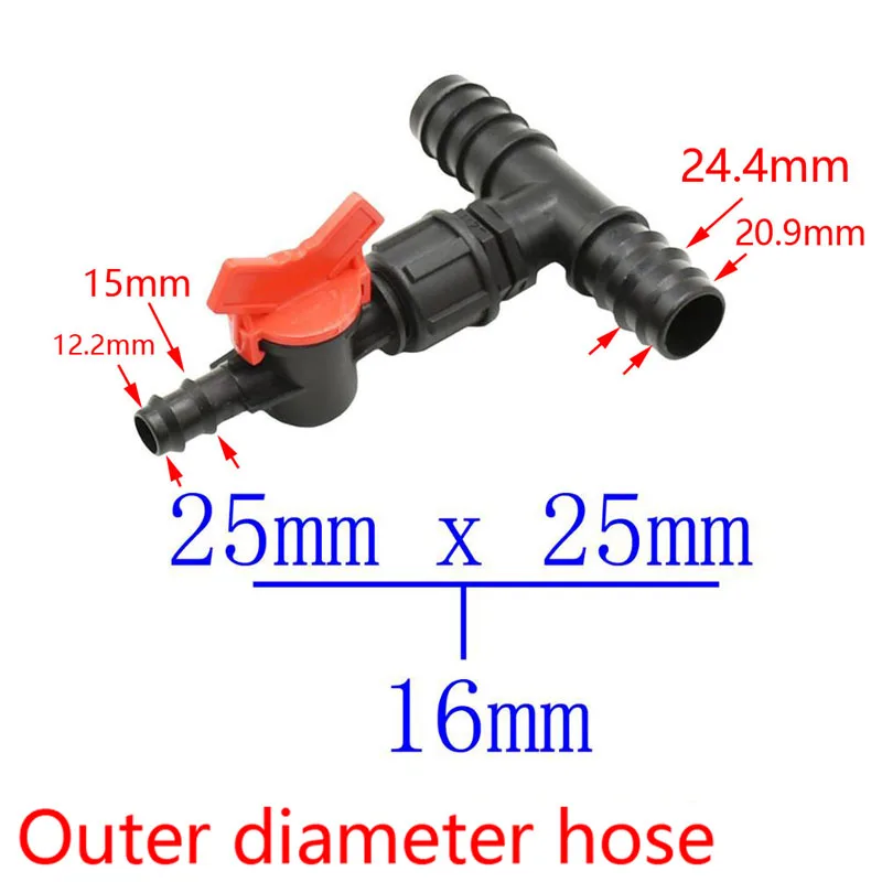 Reductor de conector en T para riego de jardín, divisor de agua con grifo, conector wate 1/2 3/4, 25mm, 20mm a 16mm, 1 unidad